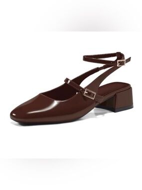 Coutgo Womens Mary Jane Chunky Low Heels Ankle Strap  Shoes- Brown
